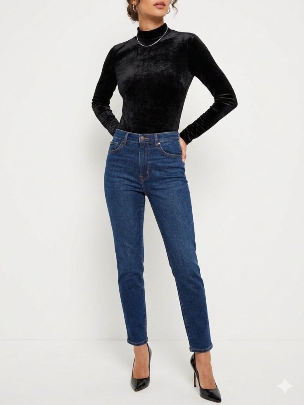 H&M Black Velvet Mock-Neck Long Sleeve Bodysuit, size medium